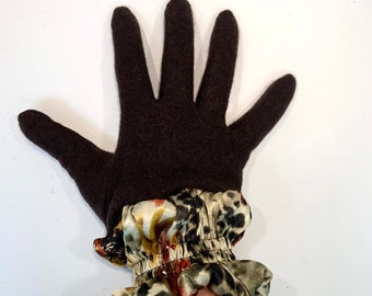 Dark brown full finger wool gloves with shirred satin animal cuffs. Toasty winter gloves stretch fit. Free Shipping