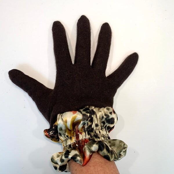 Dark brown full finger wool gloves with shirred satin animal cuffs. Toasty winter gloves stretch fit. Free Shipping