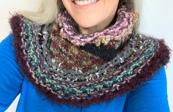 Winter scarf. Hand knit in one piece soft infinity shoulder wrap adornment with multiple stitch and color textures
