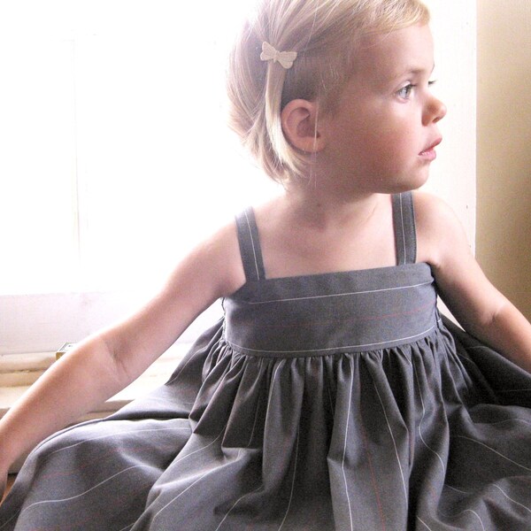 Charcoal & Cherry Dress - Grey Toddler Dress - Charcoal Girls Dress - Charcoal Pinstripe Red and White - Dress with Pockets - Back to School