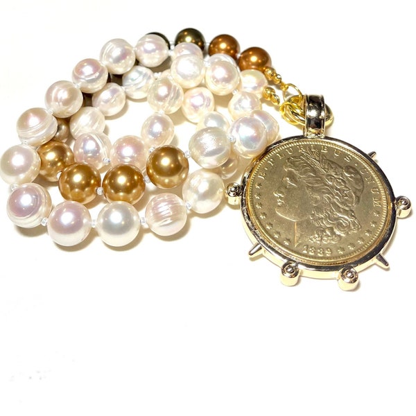 Gold Coin Pendant Necklace of Lady Liberty. Large Genuine Freshwater Pearls and Swarovski Pearls in Gold, Copper, Bronze and Rose Gold.