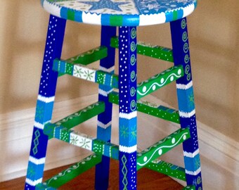 Hand painted bar or kitchen stool, customizable design and color, whimsical and colorful, solid wood furniture, one of a kind home accent