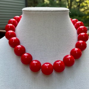 Red Big Bead Necklace. Customizable colors and length. On strong elastic. Easily put on over head. 20mm beads.