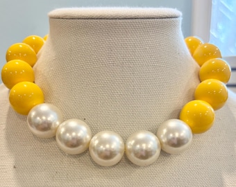 Yellow and Pearl Bead Necklace, Extra Large 22mm Acrylic Bubblegum Beads