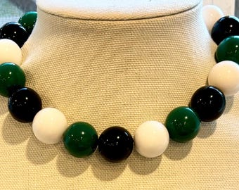 Go Eagles! Green, Black & White Beaded Necklace, Stretchy Jewelry, Show Support w/ Team Colors, Custom Colors, School Pride Gift