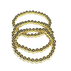 14k Gold Coated Real Brass Bead Bracelets Set of 3, Non-Tarnish, Strong Elastic, Stackable, Luxurious Feel