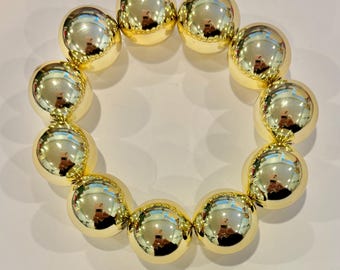 GOLD Armband, große Bubblegum Perlen Geschenk für Sie, glänzende Perlen, aufgereiht auf starkes Gummiband. Leicht zu tragen. 20 mm Perlen, stapelbar