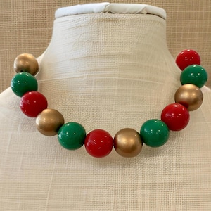 Red, Green, Gold Beads 20mm Bubblegum Bead Necklace Chunky Necklace Big Beads Choker Necklace Large beaded jewelry Christmas Necklace Unisex