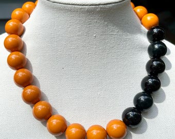 Orange Chunky & Black Necklace, Colorful Big Beads, Burnt Orange, Stretch, Handmade Jewelry, Unique Gift, Fall Color Jewelry, Autumn Jewelry