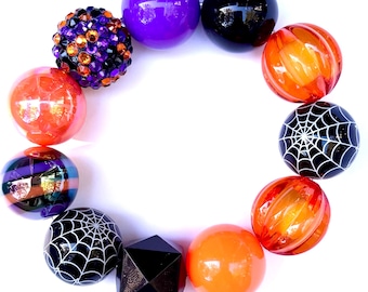 Halloween Armband Grün, Gold, Sparkle, Orange, Schwarz, Spinnennetz, Sparkle Big Beads Halloween Geschenk, aufgereiht auf einem starken Gummiband. 20 mm Perlen
