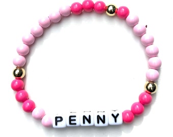 Pink Personalized Stretchy Bracelets. Round Enamel Beads. Gold beads. Set of 4.