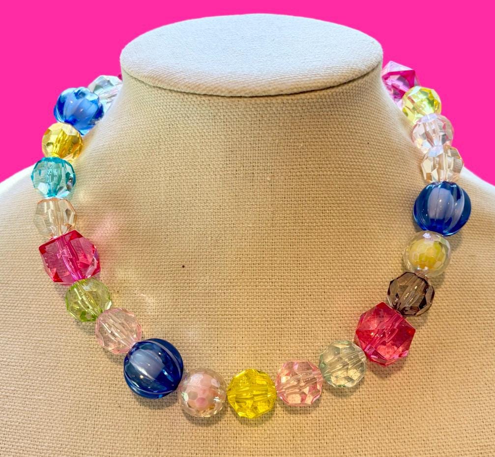 Beaded Necklace Bright Transparent Faceted Big Bead Necklace