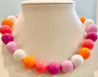Chunky Bead Necklace, Multi-Color Big Beads, bright pink, orange, white, taffy pink, peony Stretchy, Statement Necklace, put on overhead