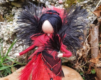 Fairy figure felted wool art doll feathers red black