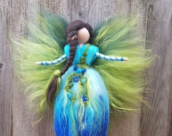 Flower fairy angel elf turquoise brown with braid and flowers