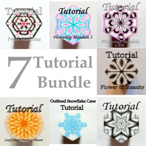 Puede incluir: Un collage de siete imágenes que muestran diferentes tutoriales de canes de arcilla polimérica. Cada imagen muestra un diseño diferente, incluyendo un copo de nieve, una flor y un mandala. El texto "7 Tutorial Bundle" está en el centro del collage.
