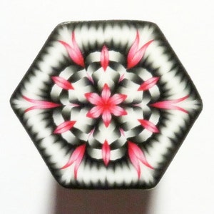 May include: A hexagonal tile with a black and white geometric pattern and a pink flower in the center.