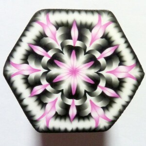May include: A hexagonal tile with a pink and black geometric pattern. The pattern is symmetrical and features a central star shape.