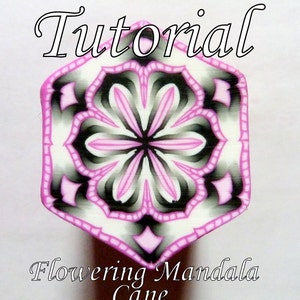 May include: A tutorial for making a polymer clay cane with a pink, black, and white mandala design. The text "Flowering Mandala Cane" is below the image.