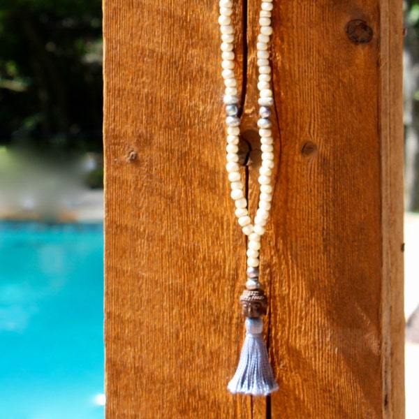 Boho Yoga Mala Style, Long White Bone Beads, Labradorite, Gray Tassel, Pave Diamonds, Carved Buddha, Silver Pearls, Beach Chic Layering