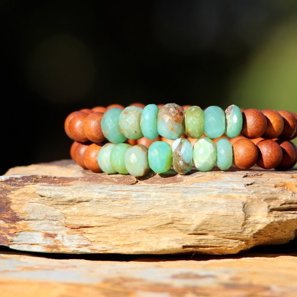 Blue Peruvian Opal and Sandalwood Stack Bracelet, Yoga, Fine Peru Opals and Aromatic Sandalwood, Trendy, In Style, Boho Chic Beach Jewelry