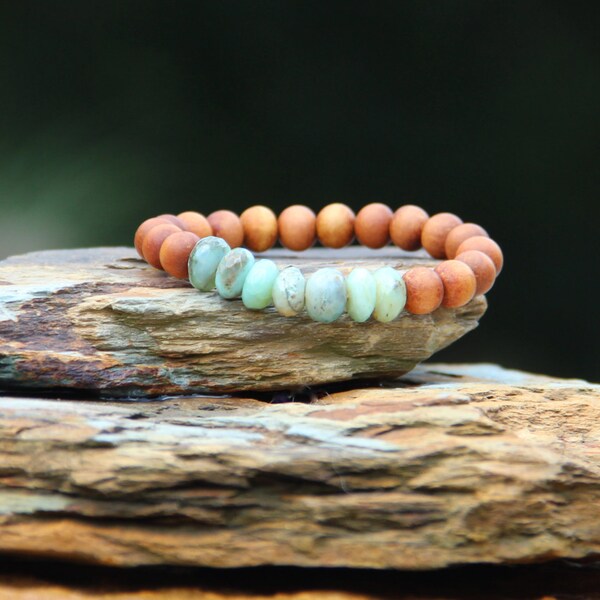 Blue Peruvian Opal and Sandalwood Stack Bracelet, Yoga, Fine Peru Opals and Aromatic Sandalwood, Trendy, In Style, Boho Chic Beach Jewelry