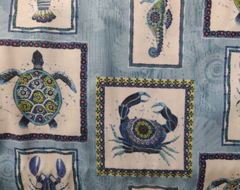 Ocean Patches Fabric, Sea Turtles and Crabs Fabric,  100% Cotton fabric, Fabric by the Yard