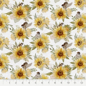 Sunflowers and Birds Fabric, 100% Cotton fabric, Fabric by the Yard