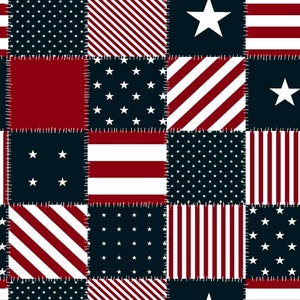 May include: A red, white, and blue patchwork quilt pattern with stars and stripes. The quilt is made up of different squares with different patterns.