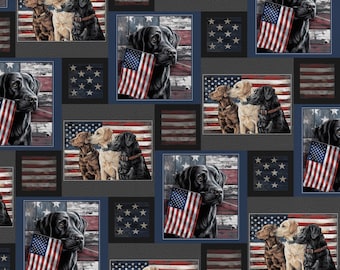 Labrador Dogs with American Flags Fabric, 100% Cotton, Fabric by the Yard, Choose your Cut