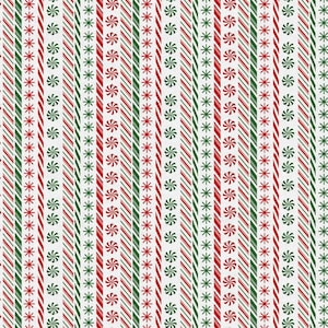 Peut inclure: Un motif répétitif avec des rayures verticales de cannes de Noël rouges et vertes, alternant avec des rangées de bonbons à la menthe poivrée rouges et vertes et des éclats d'étoiles sur fond blanc. Ce motif est festif.