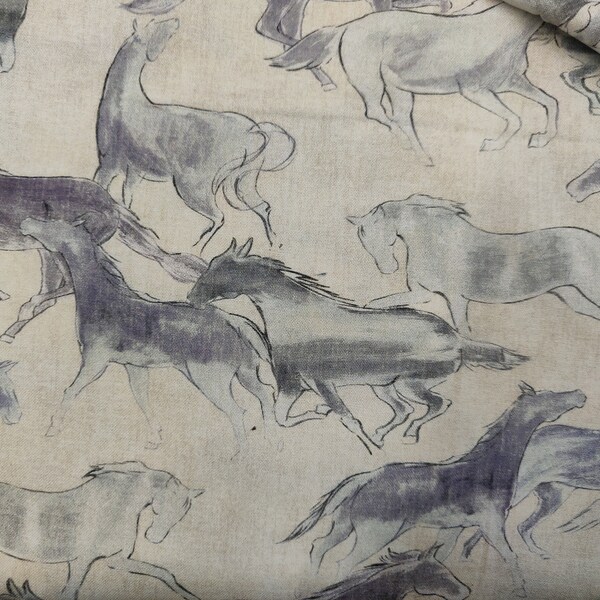 Tissu gris chevaux, tissu de croquis de cheval, 100 % coton, tissu par mètre, coupe au choix