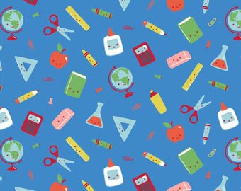 May include: A seamless pattern featuring a variety of school supplies, including a globe, a calculator, a pencil, a ruler, a pair of scissors, an apple, a triangle, a beaker, an eraser, and glue. The background is a bright blue colour.