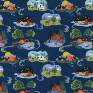 Camping Fabric, RV Fabric, 100% Cotton fabric, Forest Fabric, Fabric by the Yard, Camping Animals Fabric