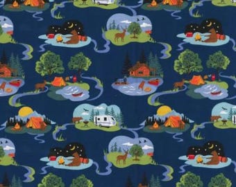 Camping Fabric, RV Fabric, 100% Cotton fabric, Forest Fabric, Fabric by the Yard, Camping Animals Fabric