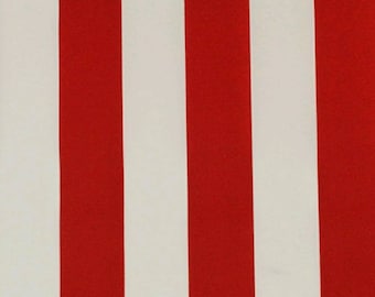 May include: Red and white striped fabric. The stripes are vertical and evenly spaced.