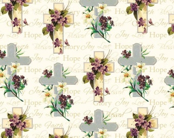 Crosses and Flowers Fabric, 100% Cotton, Christian Fabric, Fabric by the Yard, Choose your Cut