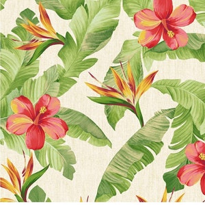 Tropical Banana Leaf and Hibiscus indoor/Outdoor Fabric, 100% Polyester, Fabric by the Yard, Choose your Cut