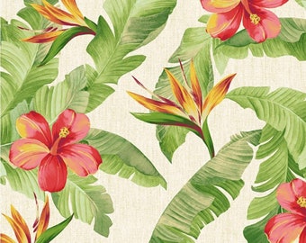 Tropical Banana Leaf and Hibiscus indoor/Outdoor Fabric, 100% Polyester, Fabric by the Yard, Choose your Cut