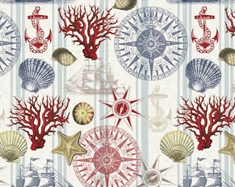 Nautical Shells Fabric, 100% Cotton fabric, Seashell Fabric, Fabric by the Yard