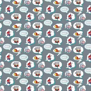 Puede incluir: Patrón repetitivo con personajes de cómics de Marvel como Spider-Man, Thor y Capitán América. Los personajes están en bocadillos con la palabra "MARVEL" sobre un fondo gris. El diseño incluye acentos rojos, azules y amarillos.