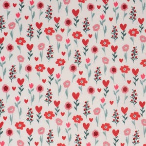 Tissu fleurs et coeurs, 100 % coton, tissu par mètre, coupe au choix