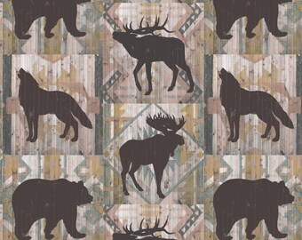 Moose Bear Wolf Fabric, 100% Cotton, Fabric by the Yard, Choose your Cut