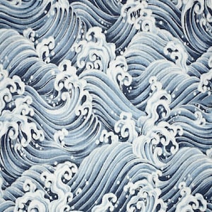 Ocean Waves Fabric, Blue Gray Ocean Waves Metallic Fabric, 100% Cotton