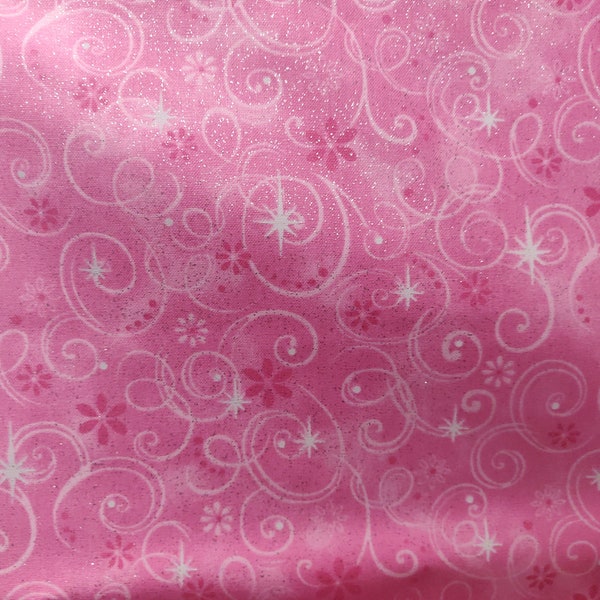 Pink Swirls with Glitter Fabric, 100% Cotton, Fabric by the Yard