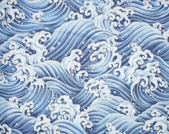 Ocean Waves Fabric, Blue Ocean Waves Metallic Fabric, 100% Cotton, Fabric by the Yard, Choose your Cut