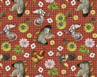 Chickens and Flowers Fabric, Farm Fabric, 100% Cotton, Fabric by the Yard, Choose your Cut