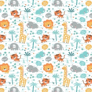 Cartoon Safari Animals Fabric, Jungle Animal Fabric, 100% Cotton, Fabric by the Yard, Choose your Cut