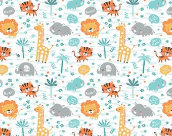 Cartoon Safari Animals Flannel Fabric, Jungle Animal Fabric, 100% Cotton, Fabric by the Yard, Choose your Cut