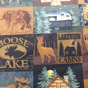 Moose and Cabin Fabric, 100% Cotton fabric, Fabric by the Yard